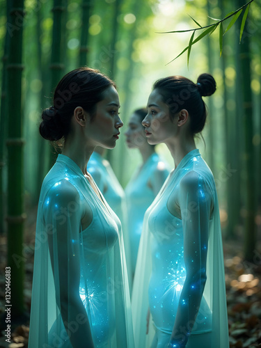 Women in a serene bamboo forest at dawn evolve into energy-based beings, glowing softly with a blue hue, amidst iridescent light effects.