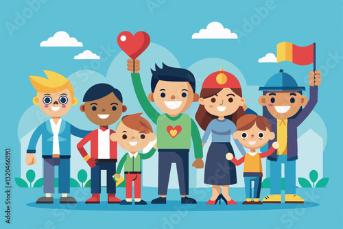 A cheerful group of people stands together, displaying symbols of love and unity in a cartoon style, Solidarity Customizable Cartoon Illustration
