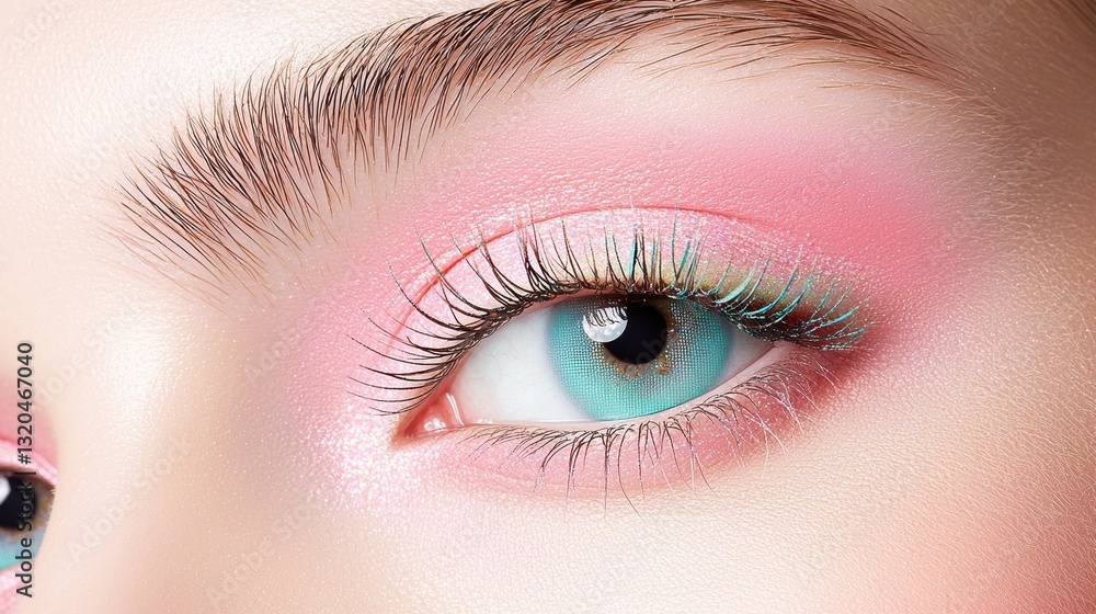 Obraz premium A close up view of an eye with a subtle rainbow eyeshadow look, achieved using pastel shades and a soft blending technique, creating a delicate and ethereal effect.