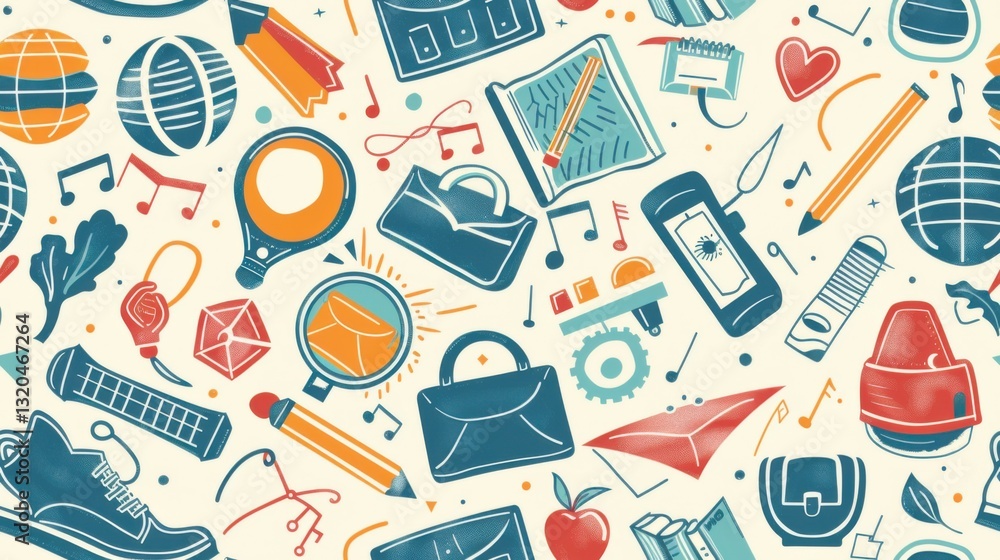 Seamless pattern with school-related icons and symbols in vintage colors, perfect for education and back-to-school themes.


