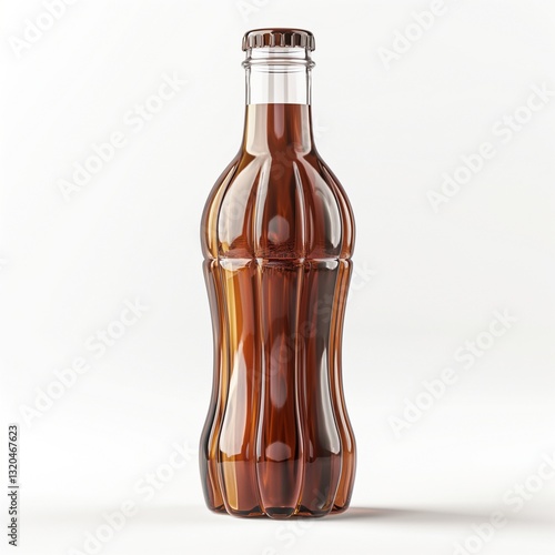 A clear glass soft drink bottle filled with dark soda set against a minimalist white background. photo