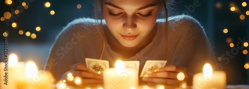 A mystical fortune teller reading tarot cards under candlelight, her glowing eyes reflecting hidden wisdom