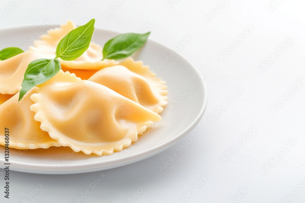 Delicious fresh ravioli pasta served with sauce and herbs on a white plate Delicious fresh ravioli pasta served with sauce and herbs on a white plate