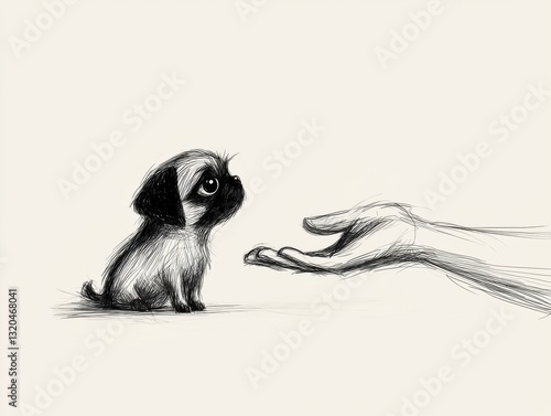 A cute puppy gazes at a hand, symbolizing connection and companionship.