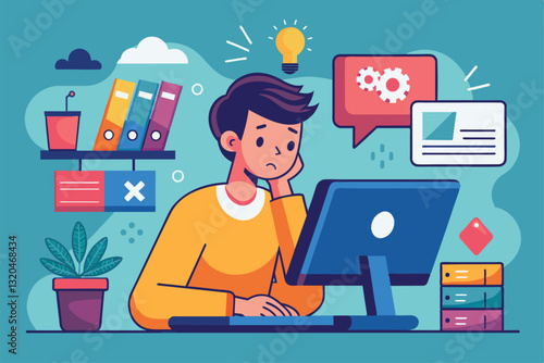 A person is deeply engaged in problem-solving at a computer with vibrant creativity all around, solving problems with computer errors