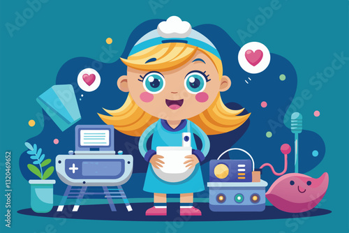 A cartoon character in a medical uniform stands with a sonogram device and displays a happy expression, Sonography Customizable Cartoon Illustration