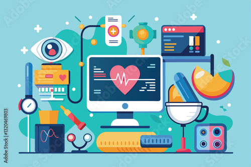 A collection of customizable sonography tools and diagnostic equipment is arranged on a bright background, Sonography Customizable Disproportionate Illustration