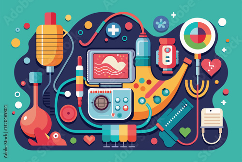 A vibrant illustration showcases various medical devices and sonography graphics in a creative layout, Sonography Customizable Disproportionate Illustration