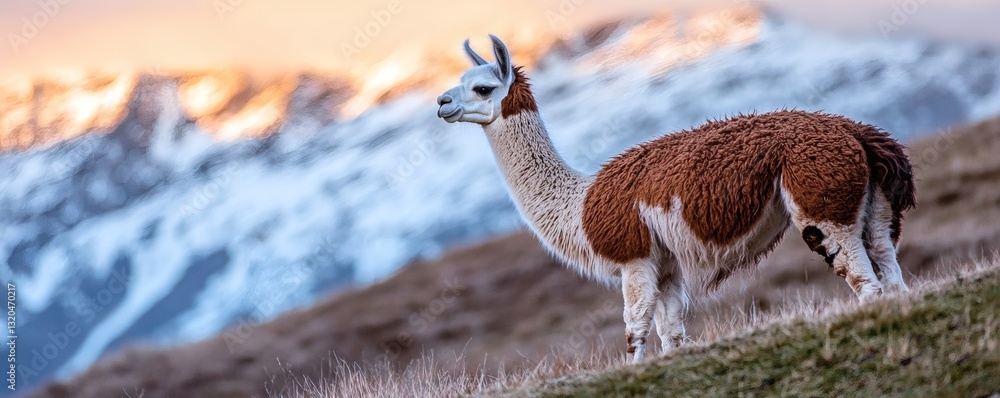 Fototapeta premium A brown and white llama stands on a grassy hillside mountain