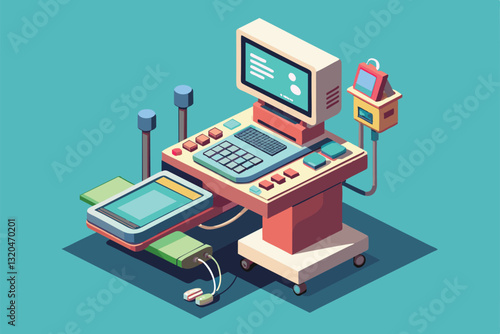 A detailed isometric illustration showcasing a customizable sonography machine designed for medical use, Sonography Customizable Isometric Illustration