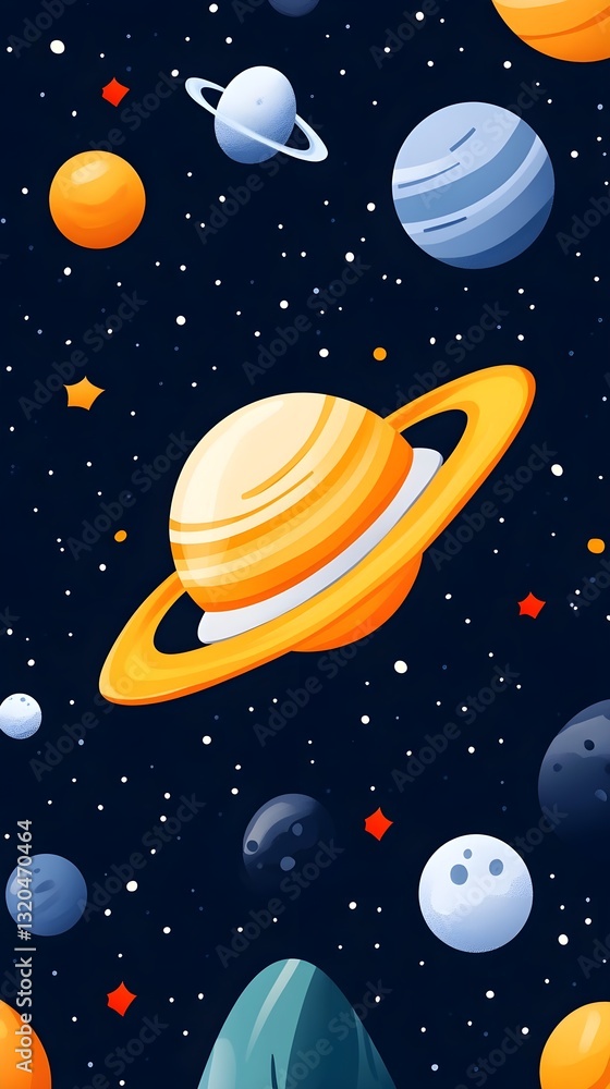 A colorful space scene with a yellow planet in the middle A colorful space scene with a yellow planet in the middle