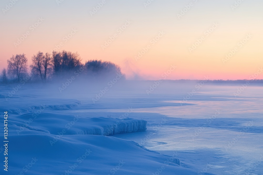 Serene Winter Landscape with Mist and Soft Sunrise Hues in Nature Serene Winter Landscape with Mist and Soft Sunrise Hues in Nature