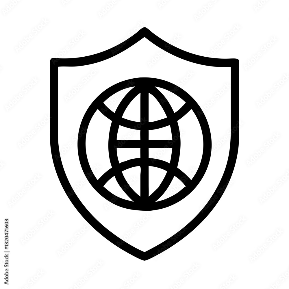 Black outline global security shield icon Black outline global security shield icon
