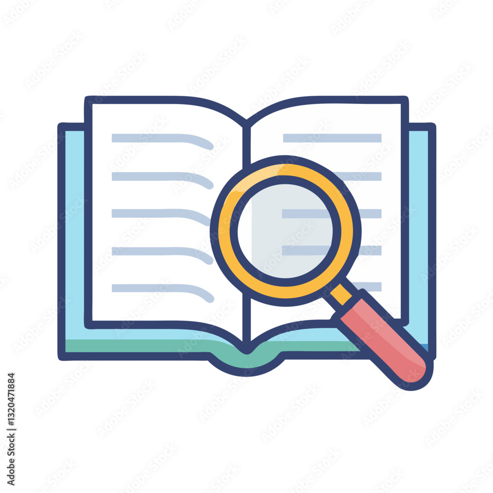 Open book with magnifying glass for research Open book with magnifying glass for research