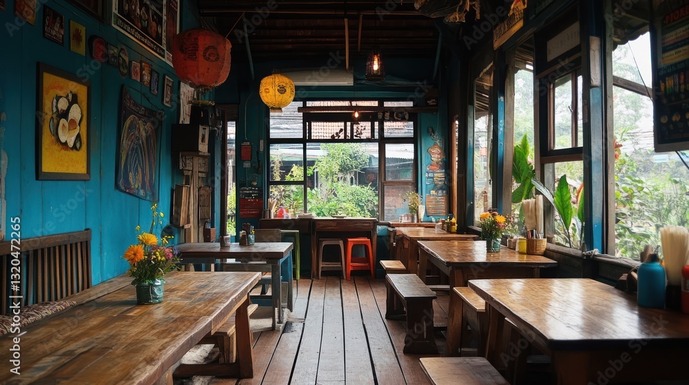 Naklejka premium Bohemian cafe interior with wooden tables and vibrant decor