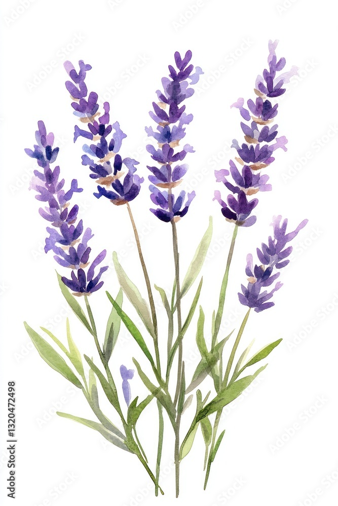 Fototapeta premium Watercolor lavender bouquet illustration against white background