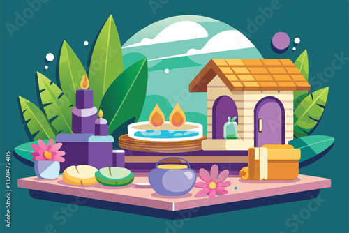 Experience tranquility with candles, flowers, and a serene water fountain in a cozy spa setting, Spa Customizable Semi Flat Illustration