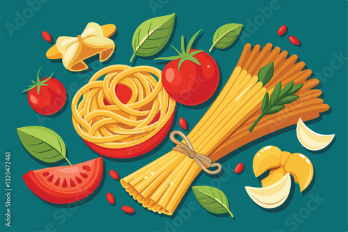 An arrangement of fettuccine, ravioli, farfalle, fresh tomatoes, and herbs on a vibrant teal backdrop, Spaghetti, fettuccine, ravioli, farfalle,