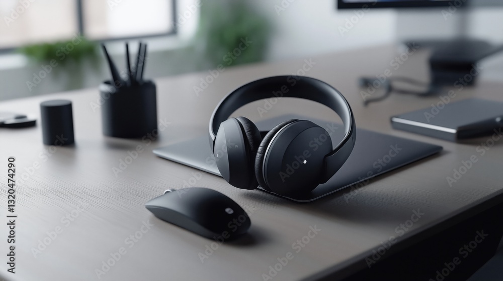 Stylish office desk with headphones, mouse, and tablet, creating a modern workspace for productive work and professional meetings. Stylish office desk with headphones, mouse, and tablet, creating a modern workspace for productive work and professional meetings.