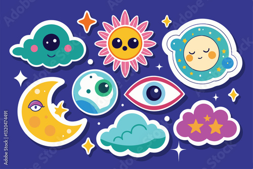 A collection of playful spirit icons showcasing a sun, moon, clouds, and whimsical stars creatively arranged, Spirit stickers or icons with sun, moon, clouds, evil eye and constellations,