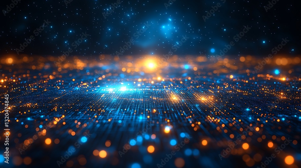 Naklejka premium Abstract Futuristic Digital Network Glowing Particles and Lines Blue and Orange