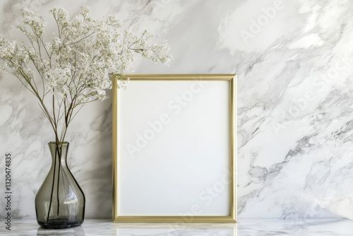 Elegant gold vertical frame showcasing blank canvas against a light gray backdrop