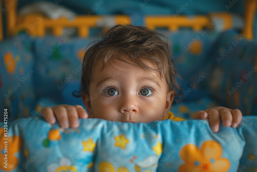 Fototapeta premium Curious baby boy with brown hair peeks over the edge of a crib, showcasing expressive blue eyes and a playful demeanor.
