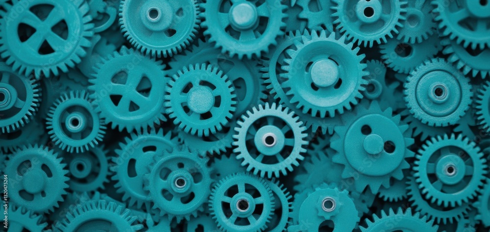 A collection of teal gears arranged closely together, showcasing details and textures. Ideal for concepts related to machinery, mechanics, or engineering. A collection of teal gears arranged closely together, showcasing details and textures. Ideal for concepts related to machinery, mechanics, or engineering.