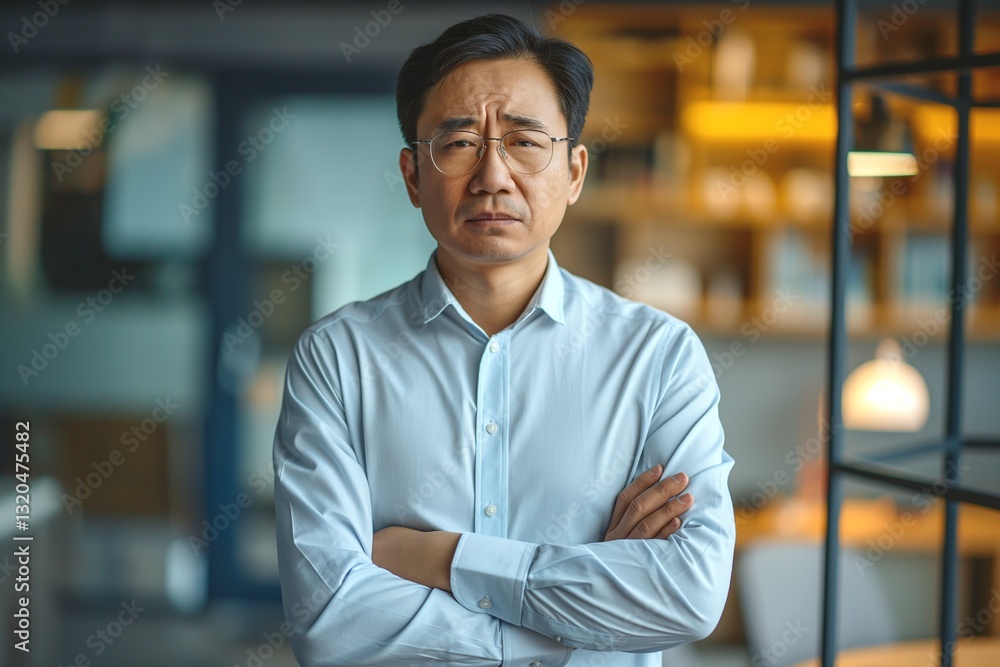 Obraz premium Confident Asian man in a light blue shirt stands with arms crossed in a modern office setting, exuding professionalism.
