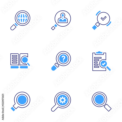 Search magnifiers icon set. Bold line style. Duotone colors. Editable stroke. searching, search, magnifying glass, question, quality control, searcher