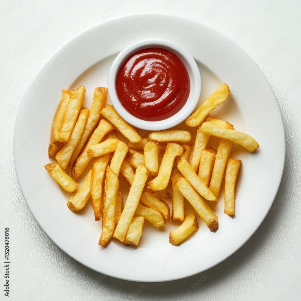 Golden French Fries with Ketchup on White Plate Golden French Fries with Ketchup on White Plate