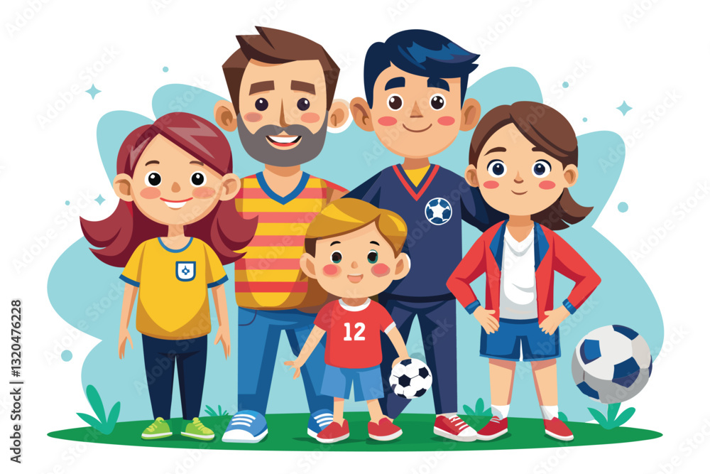 A joyful family stands together, showcasing their love for soccer while wearing colorful jerseys, Sport family Customizable Cartoon Illustration