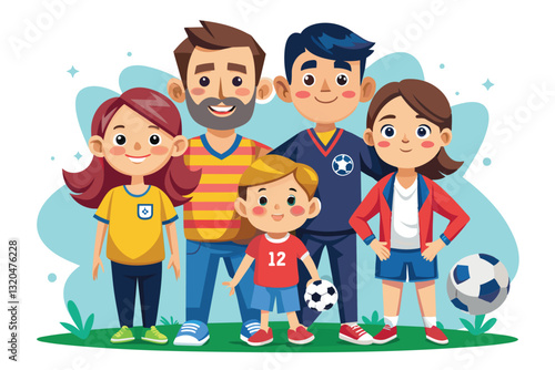 A joyful family stands together, showcasing their love for soccer while wearing colorful jerseys, Sport family Customizable Cartoon Illustration