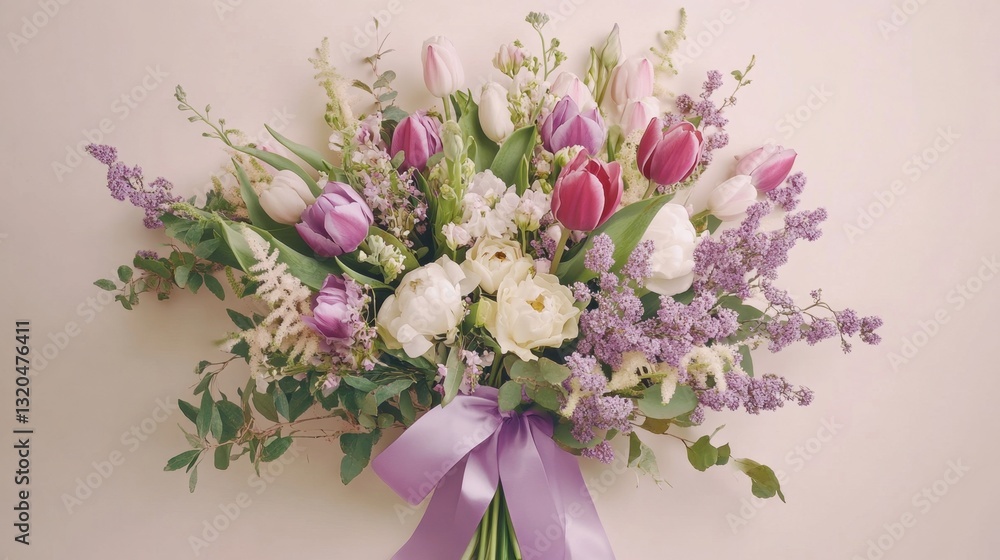 Elegant flat lay with tulip bouquet, mimosa branches, and a graceful lilac ribbon, festive Women's Day arrangement Elegant flat lay with tulip bouquet, mimosa branches, and a graceful lilac ribbon, festive Women's Day arrangement