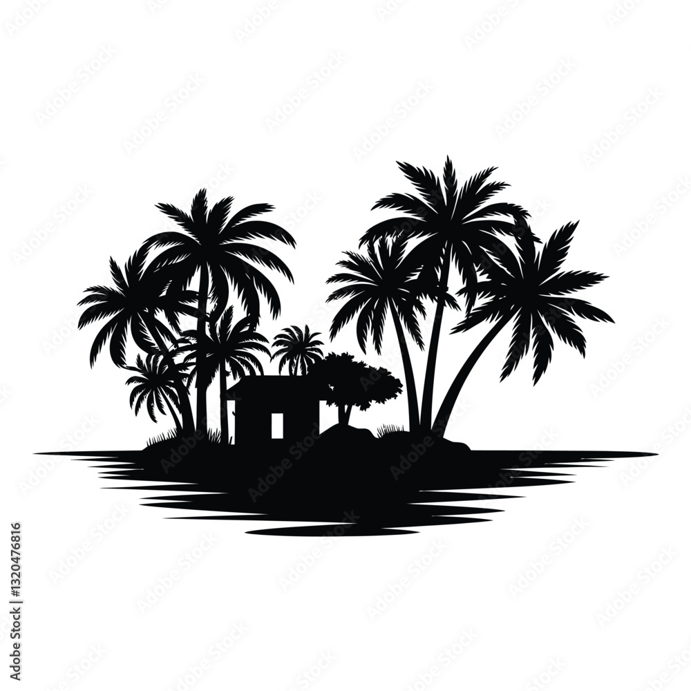 Obraz premium Desert oasis Silhouette, Vector, Icon, Logo, White Background.