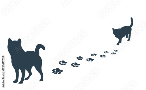 足跡をつけながら歩く犬と猫のシルエット