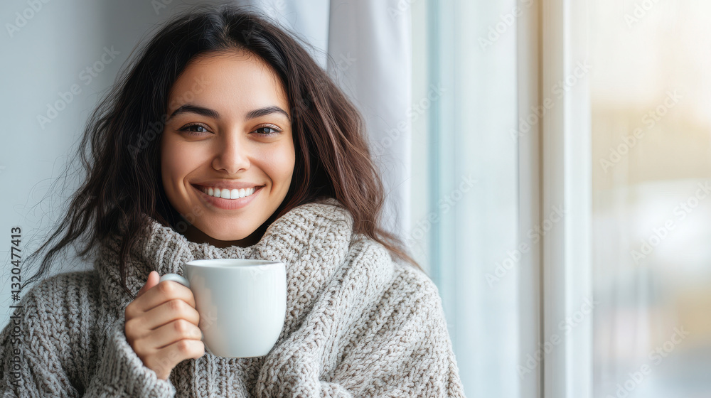 Cozy woman smiling with cup of coffee in warm sweater by window.