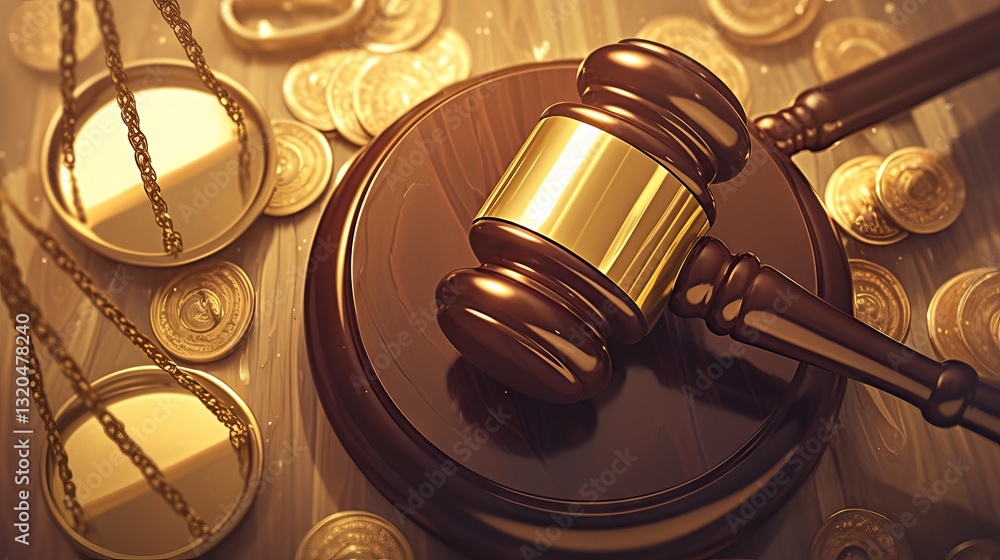 Themis statue with scales of justice and judge's gavel on golden background, symbolizing bankruptcy law and legal authority concept