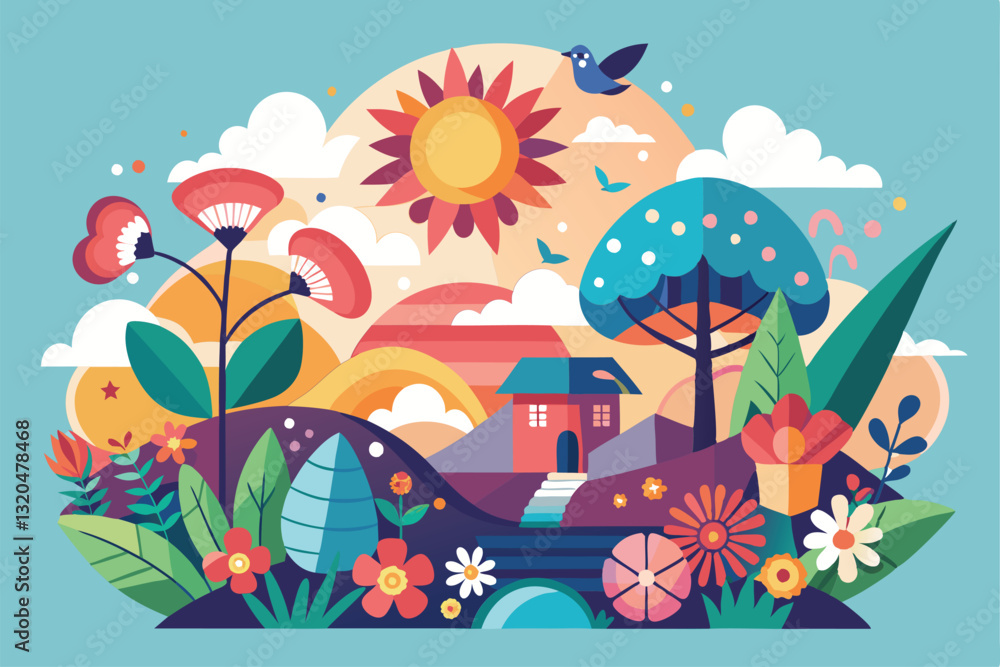 Bright flowers bloom in a colorful landscape under a cheerful sun with a quaint house nestled nearby, Spring and summer season, Aesthetics and elegance, Bright flowers bloom in a colorful landscape under a cheerful sun with a quaint house nestled nearby, Spring and summer season, Aesthetics and elegance,