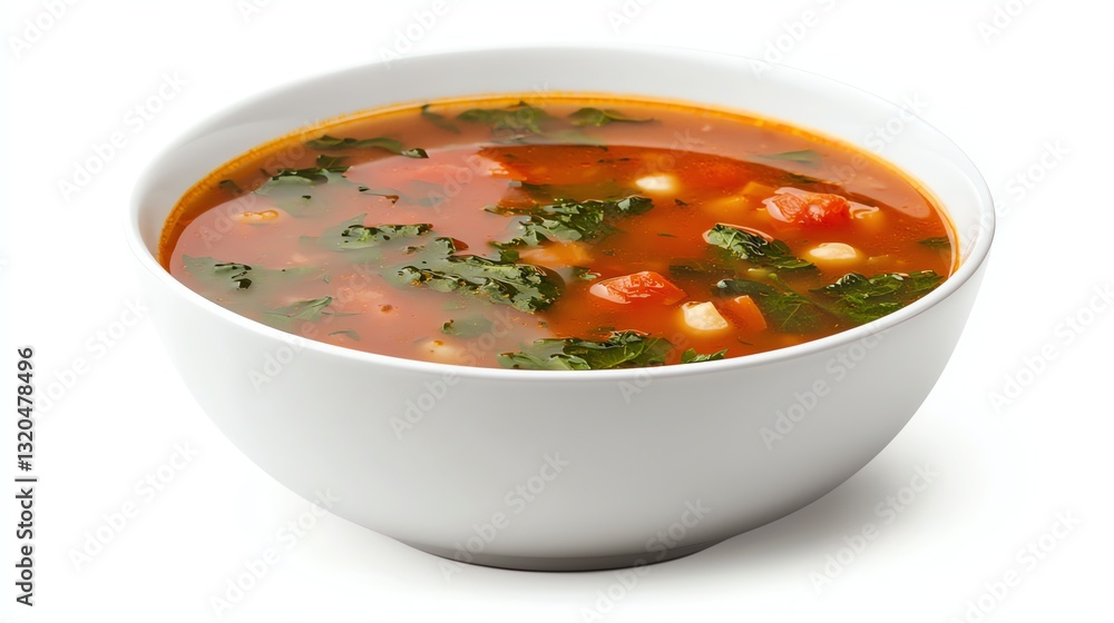 Serving of Hot Tomato Soup with Greens in a White Bowl Serving of Hot Tomato Soup with Greens in a White Bowl