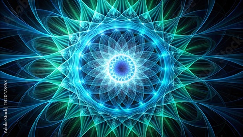 Abstract Fractal Burst: Blue-Green Light Lines Weaving Circular Pattern on Black Background - Modern Tech Design