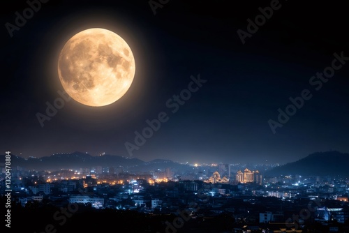 Supermoon rising over city lights at night
