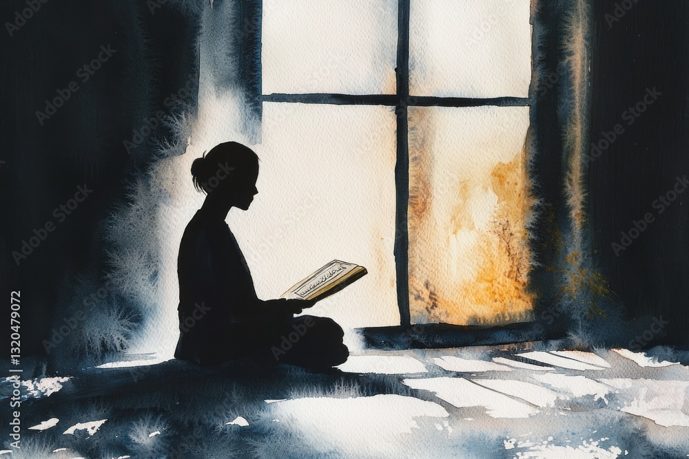 Obraz premium Watercolor painting of a person’s silhouette sitting near a window, hands gently turning the pages of the Quran