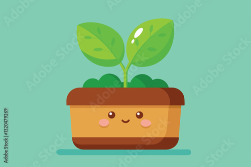 A cheerful sprout with vibrant green leaves grows in a charming flat, brightening the calm atmosphere, Sprout Customizable Flat Illustration