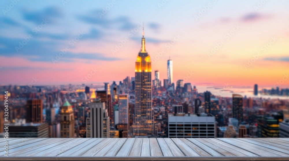 Naklejka premium Stunning skyline view of New York City at sunset, showcasing iconic skyscrapers and vibrant colors.