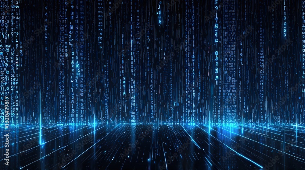 A Mesmerizing Digital Rain Of Glowing Blue Code Cascading Down Into A Reflective, Futuristic Landscape A Mesmerizing Digital Rain Of Glowing Blue Code Cascading Down Into A Reflective, Futuristic Landscape