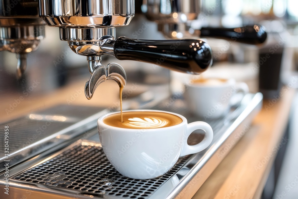 Barista preparing cappuccino, pouring milk into white cup with latte art Barista preparing cappuccino, pouring milk into white cup with latte art