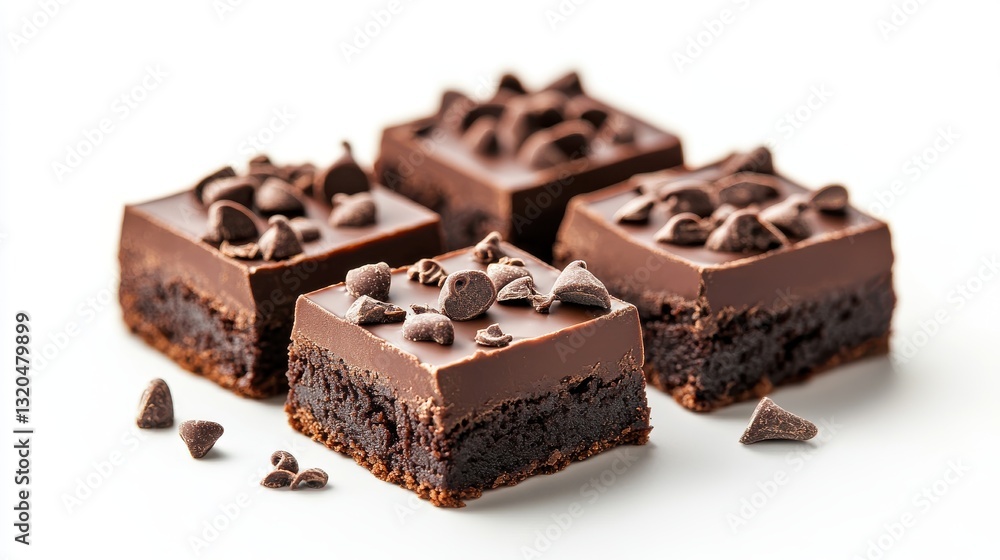 Four decadent chocolate brownies, topped with chocolate chips, sit on a white background. Rich, delicious, and perfect for any occasion. Four decadent chocolate brownies, topped with chocolate chips, sit on a white background. Rich, delicious, and perfect for any occasion.
