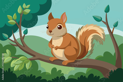 A squirrel sits calmly on a tree branch, surrounded by lush green leaves in a peaceful environment, squirrel sitting on a tree branch,