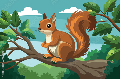 A squirrel sits calmly on a tree branch, gazing over the blue lake and vibrant green foliage below, squirrel sitting on a tree branch,